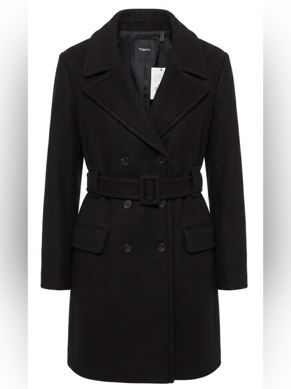 NWT Theory Black Double-Breasted Belted Wool Trench Coat